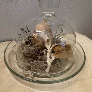 Decorative Glass Cloche with Natural Accents with A Wood Turned Egg